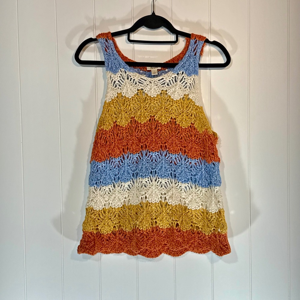 ANA A New Approach Women L Crochet Knit Tank Top Multi Color Chevron Stripe Boho